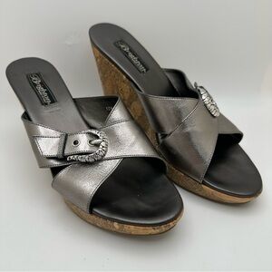 BRIGHTEN Summer silver metallic wood cork wedge heel sandals sz 10m